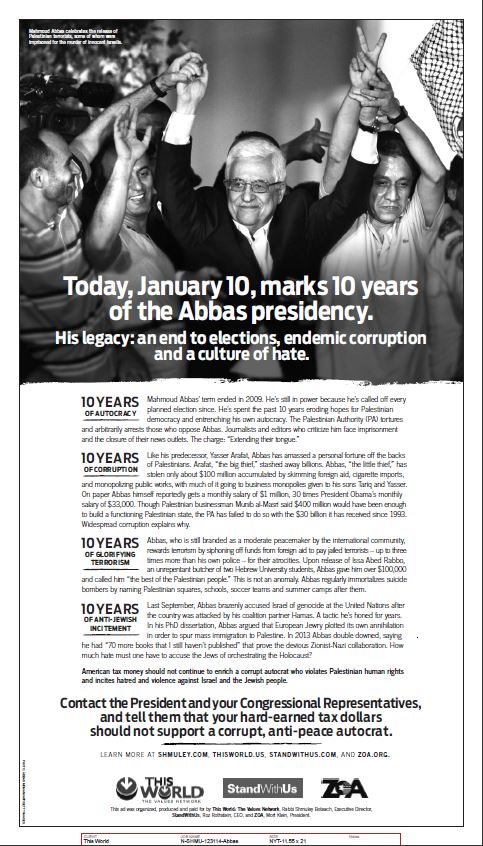 ZOA Ad in NY Times Condemning PA’s Terror-promoting Dictator Abbas