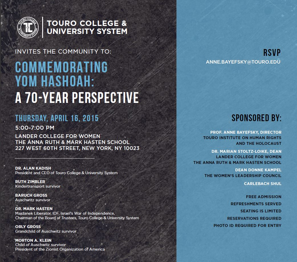 ZOA Pres. Mort Klein Speaks at Touro College Holocaust Event – Thursday April 16