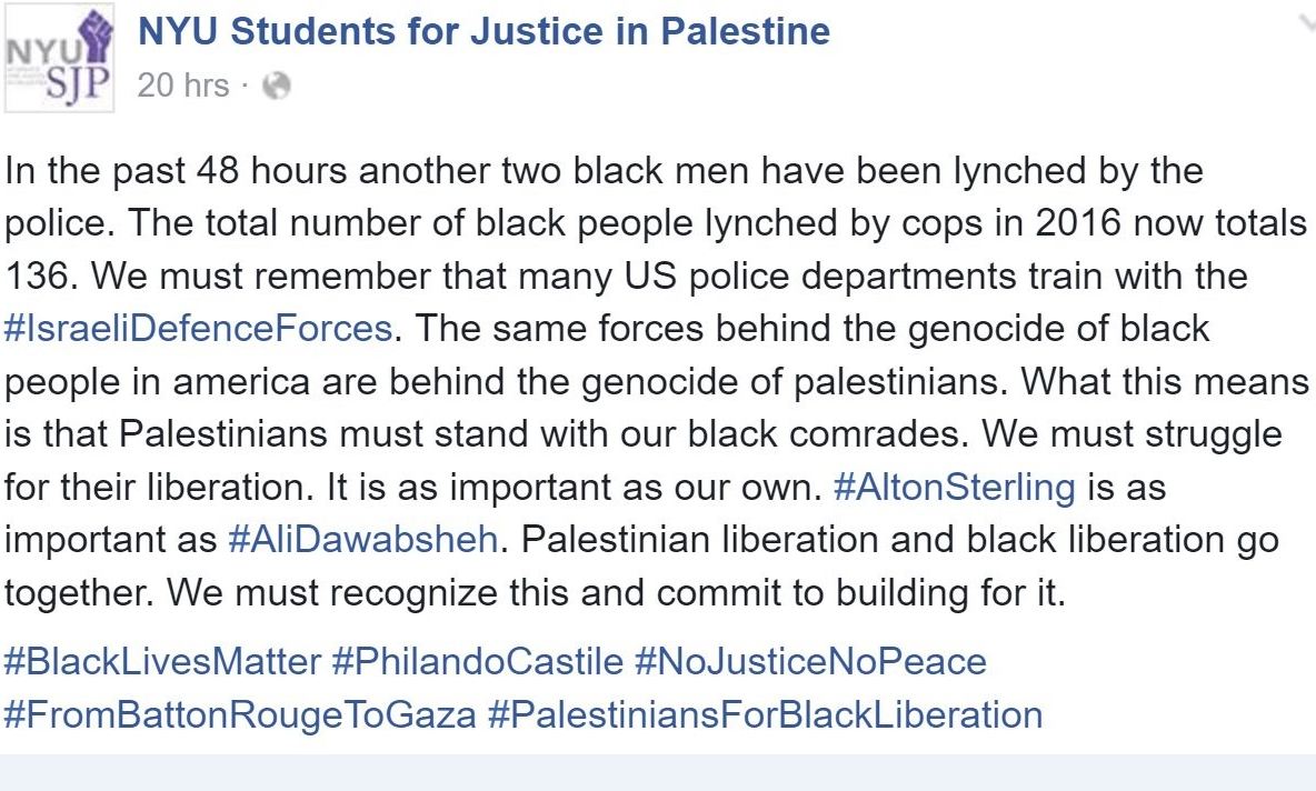 ZOA Letter to NYU President: Students for Justice in Palestine’s Anti-Semitic Facebook Post