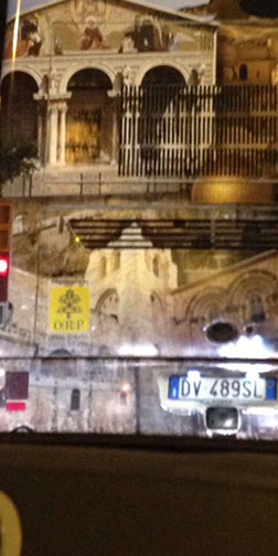 Close up of ORP Sticker on Bus (Opera Romana Pellegrinaggi)