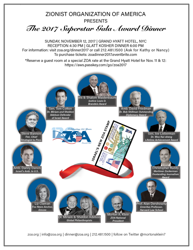 Adelson’s Statement at ZOA Gala Praising Our Work