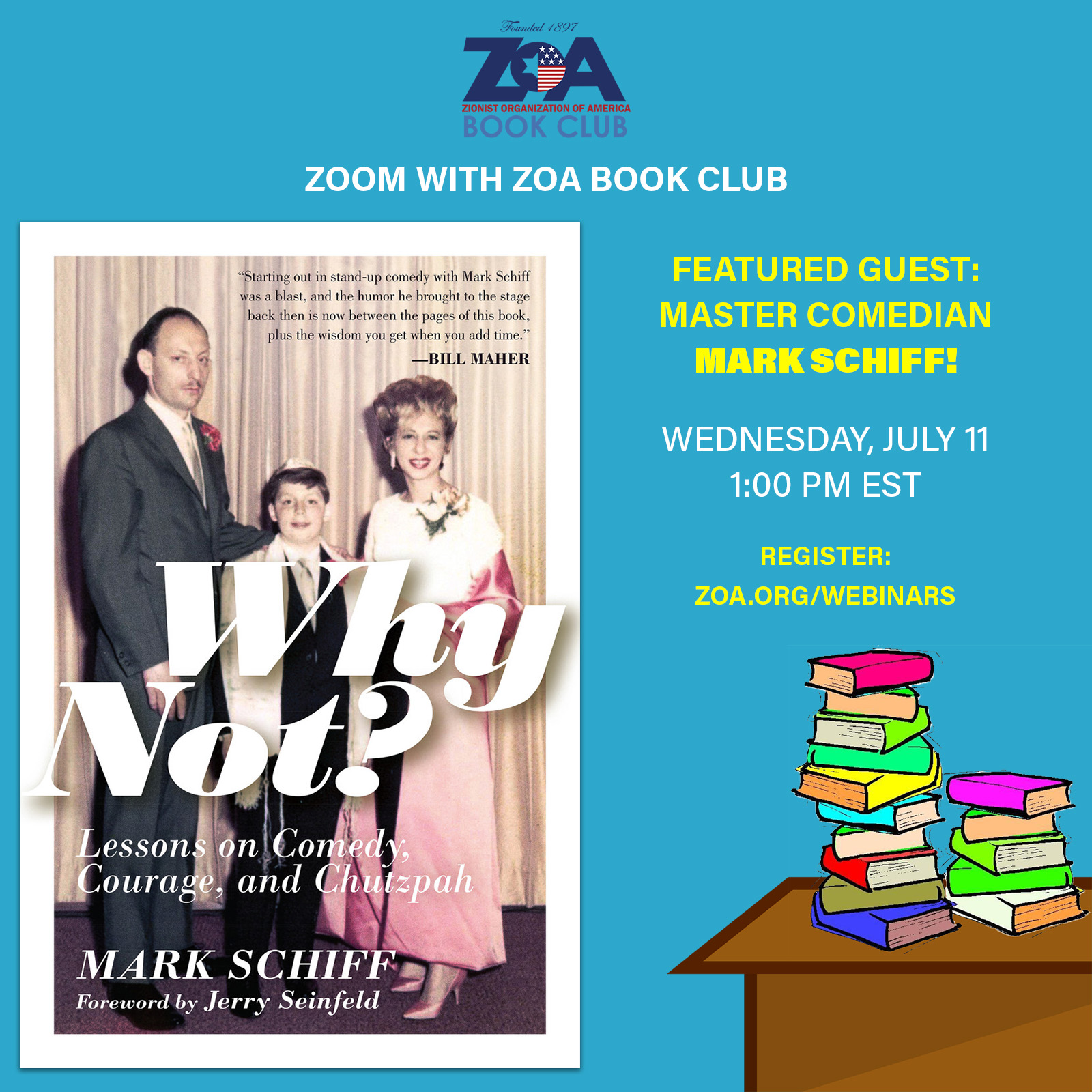 Join US for ZOA Book Club with Master Comedian Mark Schiff – Wed. July 12 at 1 PM EST