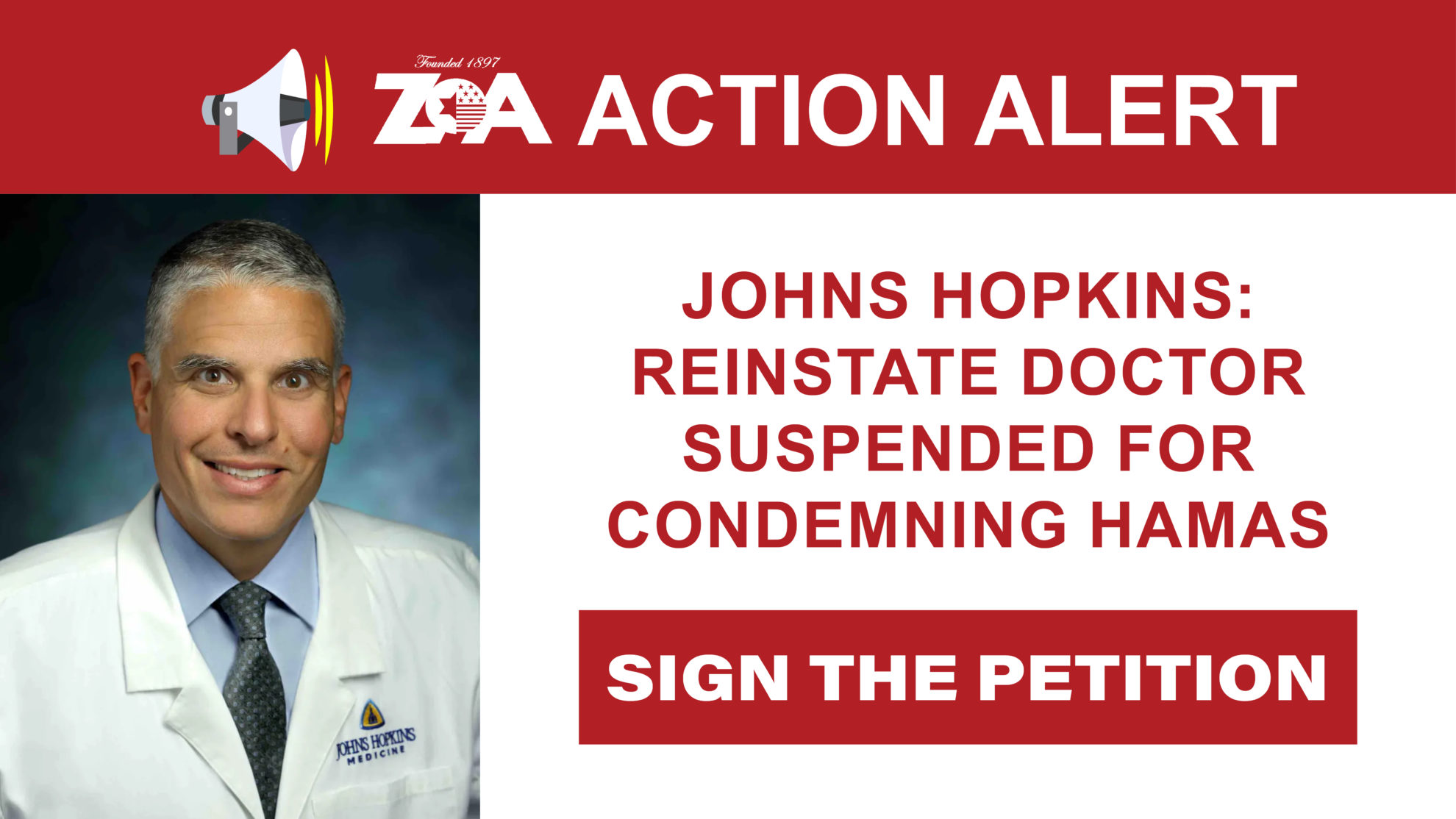ZOA Urges Johns Hopkins: Reinstate Suspended Doctor Who Exercised His Free Speech Rights to Condemn Hamas